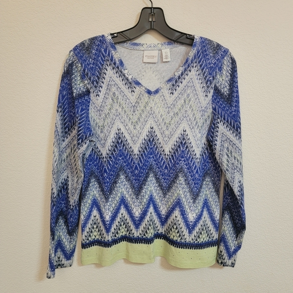 Chico's Blue and White V-Neck Embellished Chevron Sweater